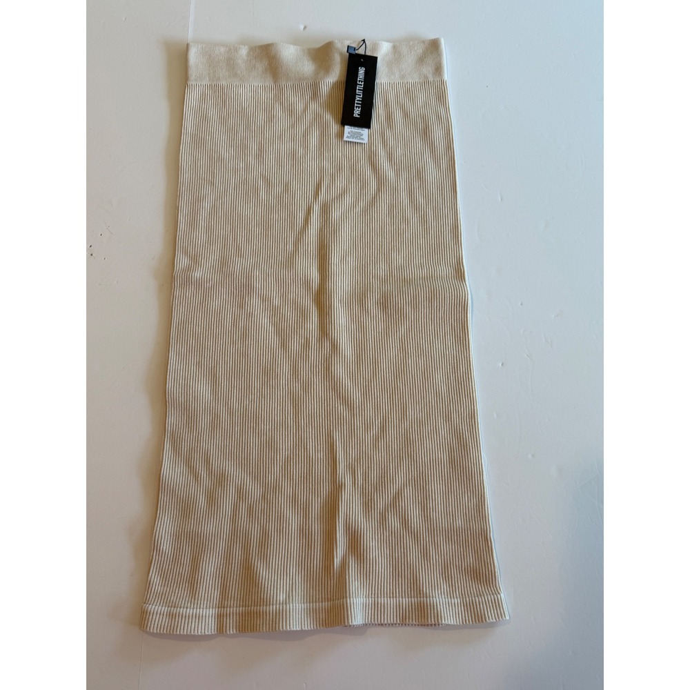 PrettyLittleThing Stone Washed Ribbed Knit Midi Skirt Beige Bodycon Small‎ NWT
